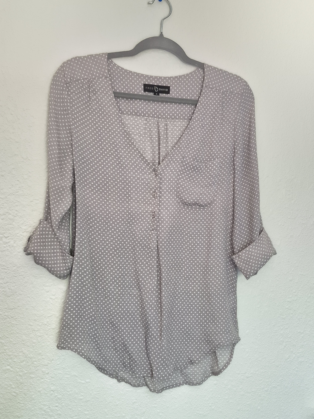 Fred David Taupe Polka Dot Henley Blouse